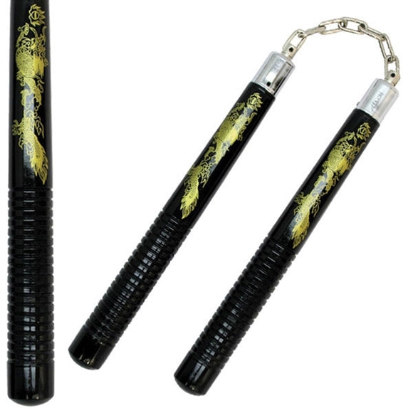 Nunchaku Black Wood Gold/Dragon-12"