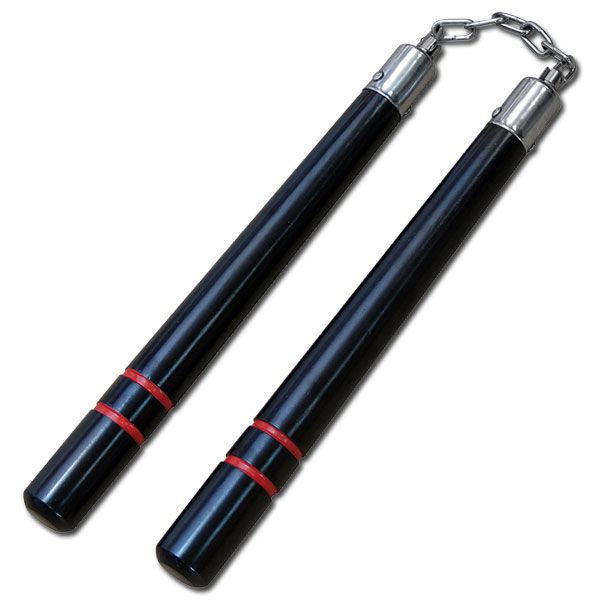 Nunchacku Black Oak with 2 Red Stripes-8"