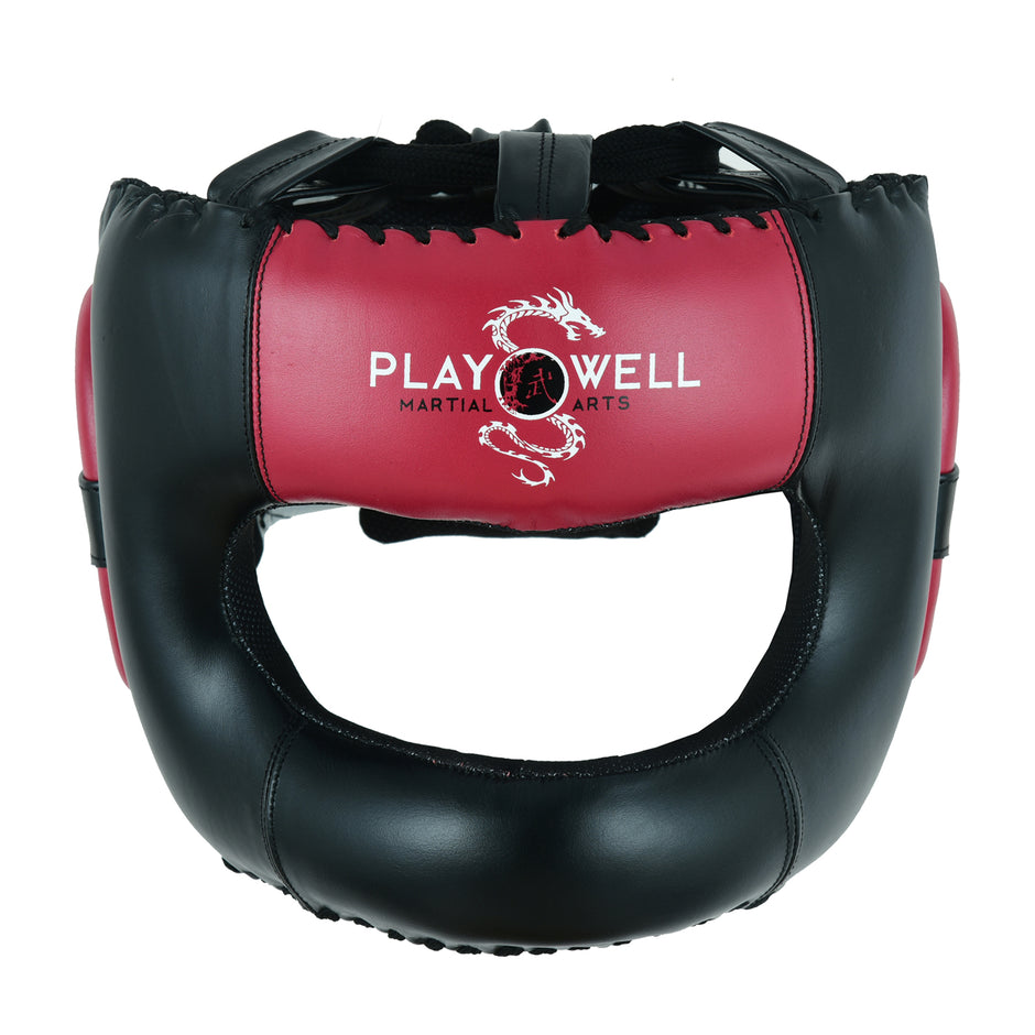 Boxing Ultimate Leather Full Face Bar Head Guard-Black/Maroon