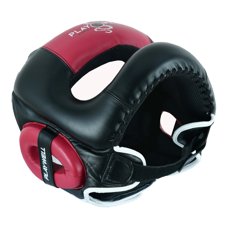 Boxing Ultimate Leather Full Face Bar Head Guard-Black/Maroon