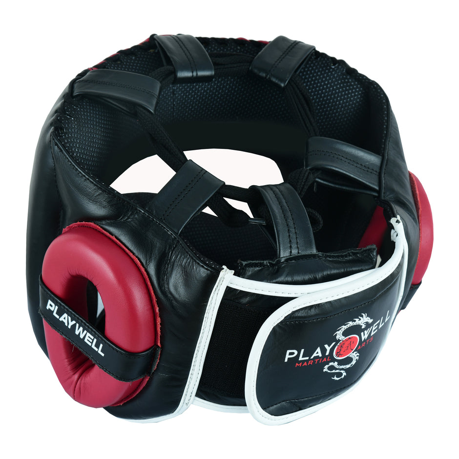 Boxing Ultimate Leather Full Face Bar Head Guard-Black/Maroon