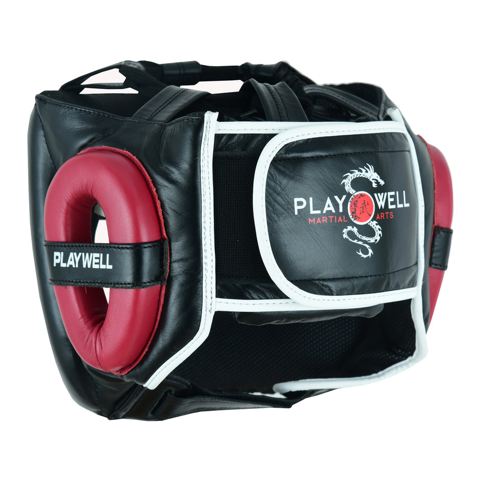 Boxing Ultimate Leather Full Face Bar Head Guard-Black/Maroon