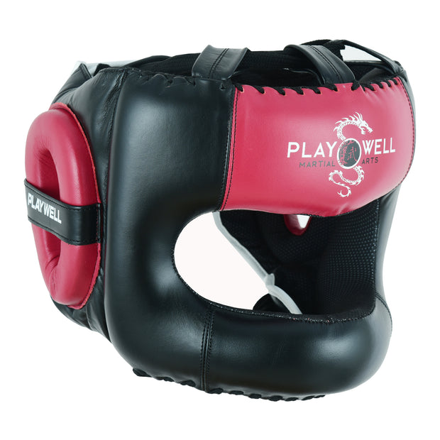 Boxing Ultimate Leather Full Face Bar Head Guard-Black/Maroon