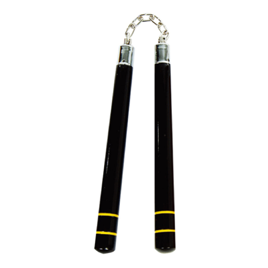 Deluxe Black Oak Nunchucks with 2 Yellow Stripes with BB-12"