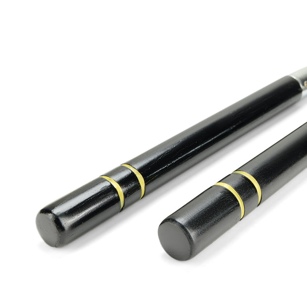 Deluxe Black Oak Nunchucks with 2 Yellow Stripes with BB-12"
