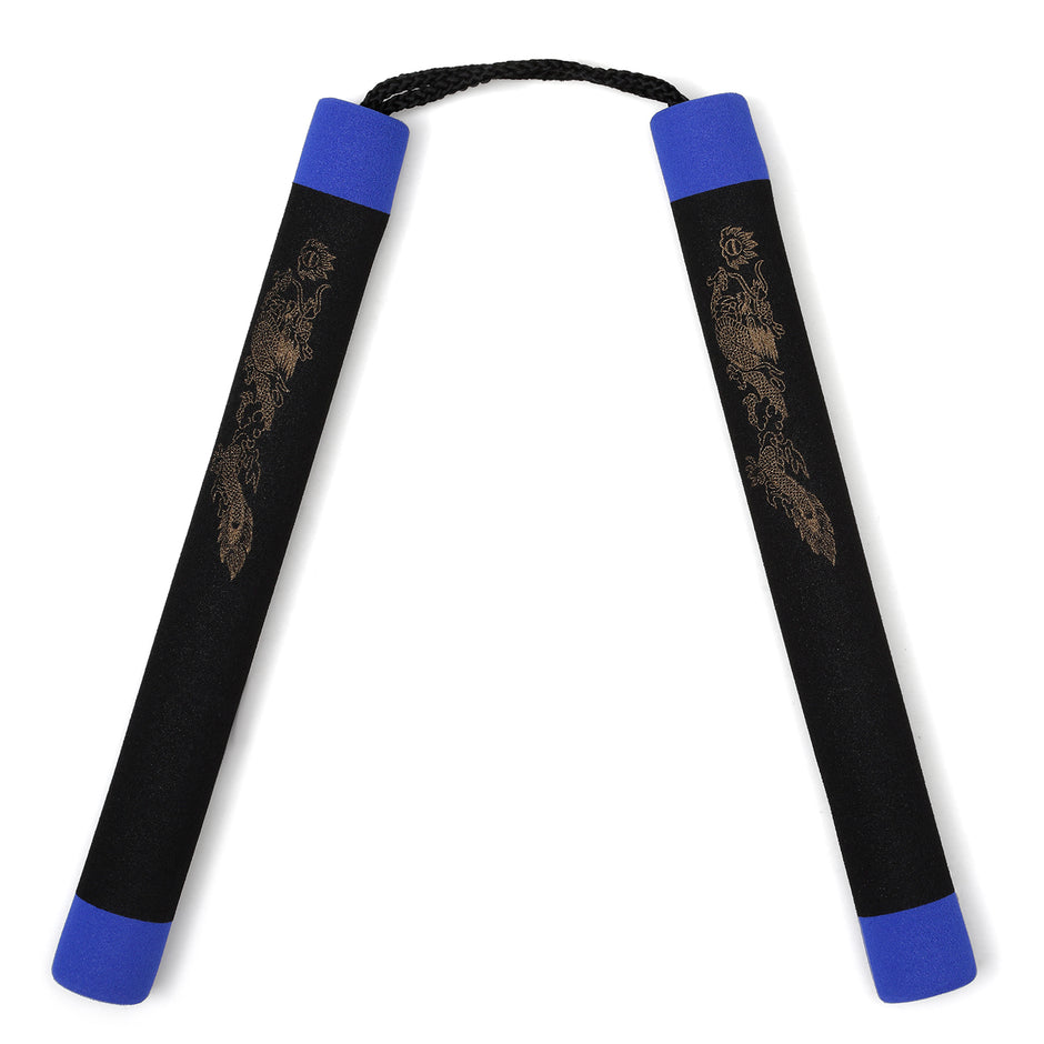 Foam Nunchaku with Cord Black Dragon With Blue Tips-12"