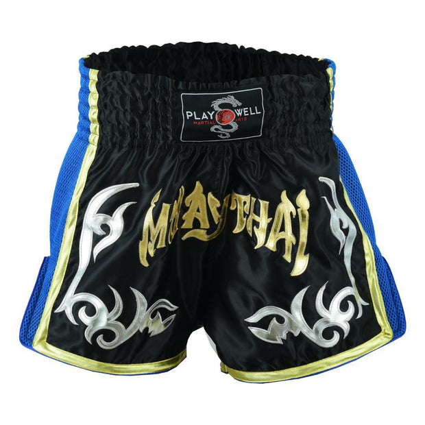 Muay Thai Competition Mesh Tribal Fight Shorts-Black/Blue