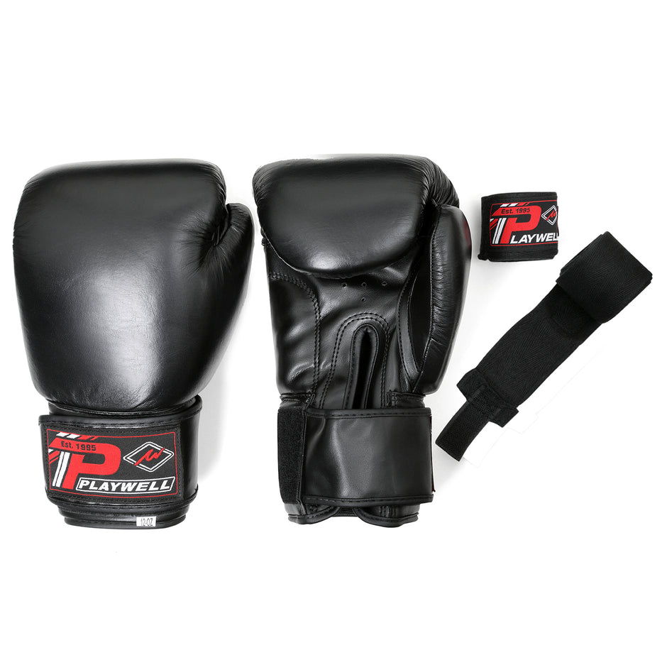 Boxing Gloves Leather-with Free Boxing Wraps (Black)