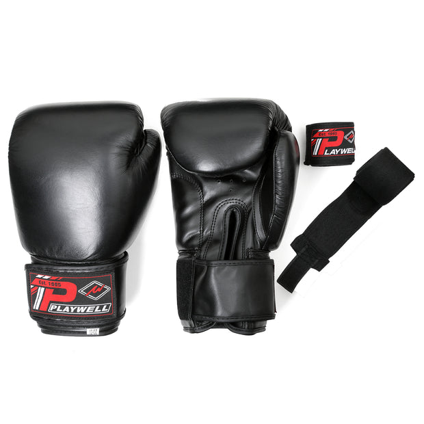 Boxing Gloves Leather-with Free Boxing Wraps (Black)