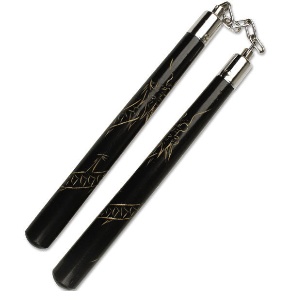 Deluxe Black Oak Carved Dragon Nunchucks with BB-12"