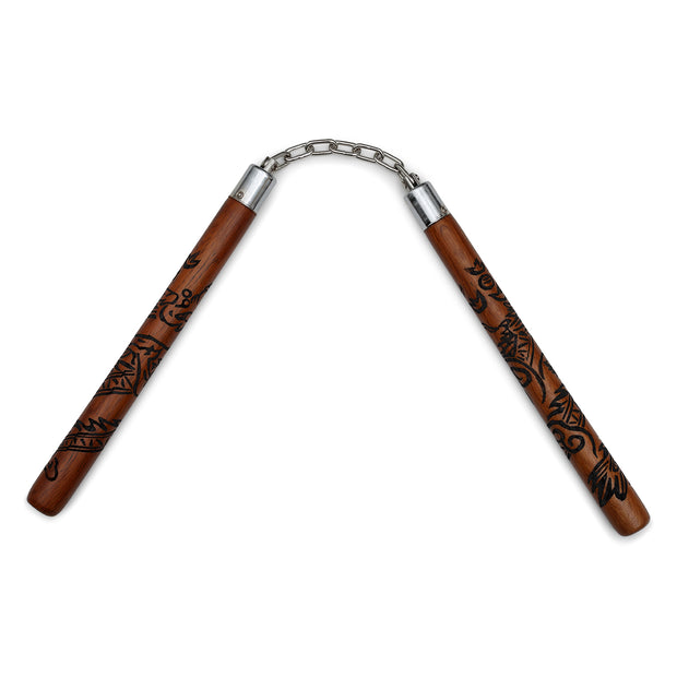 Deluxe Carved Dragon Nunchaku Chain-Red Oak-12"