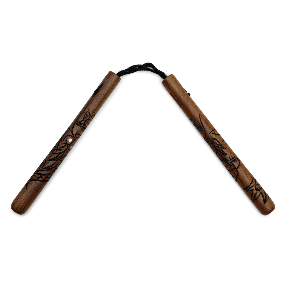 Deluxe Red Oak Carved Dragon Nunchucks with Cord-12"