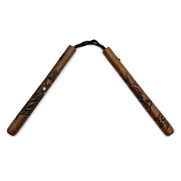 Deluxe Red Oak Carved Dragon Nunchucks with Cord-12"