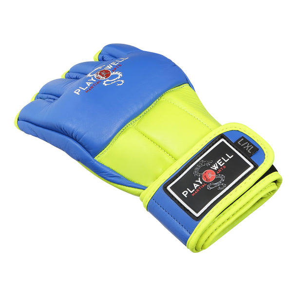Playwell Ultimate Leather MMA Gloves-Blue/Neon Yellow