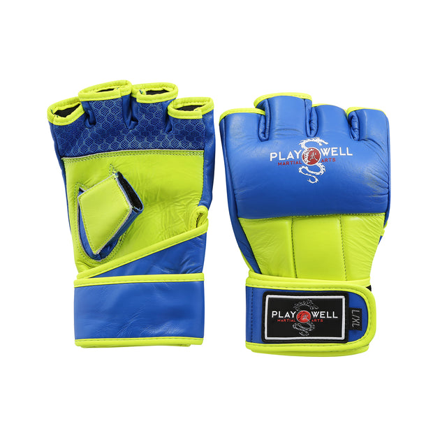 Playwell Ultimate Leather MMA Gloves-Blue/Neon Yellow