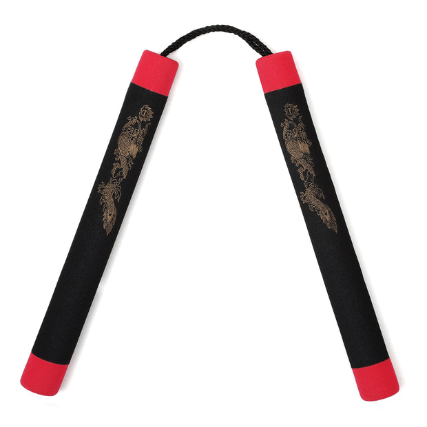 Foam Nunchaku with Cord-Black Dragon with Red Tips-12"