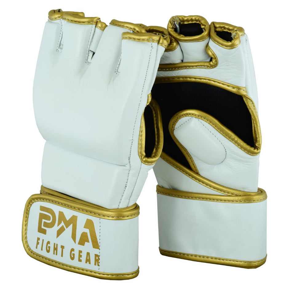 MMA Leather Elite White/Gold Grappling Fight Gloves-4oz