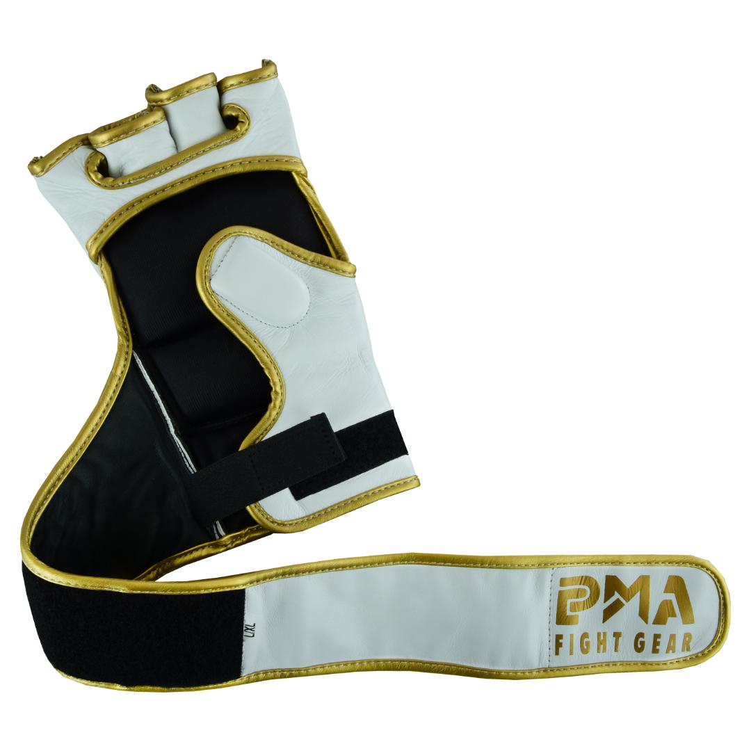 MMA Leather Elite White/Gold Grappling Fight Gloves-4oz