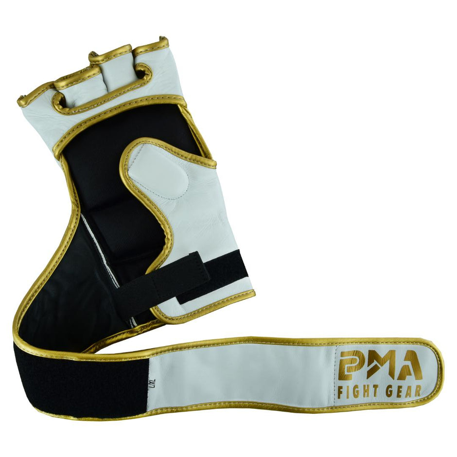 MMA Leather Elite White/Gold Grappling Fight Gloves-4oz