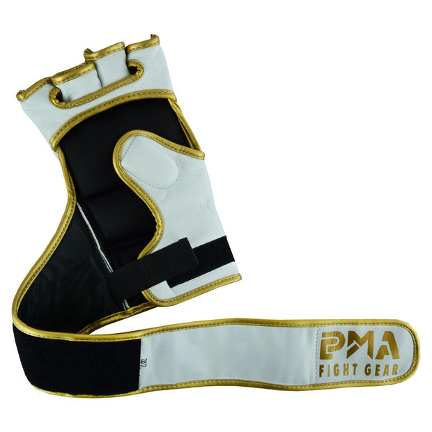 MMA Leather Elite White/Gold Grappling Fight Gloves-4oz
