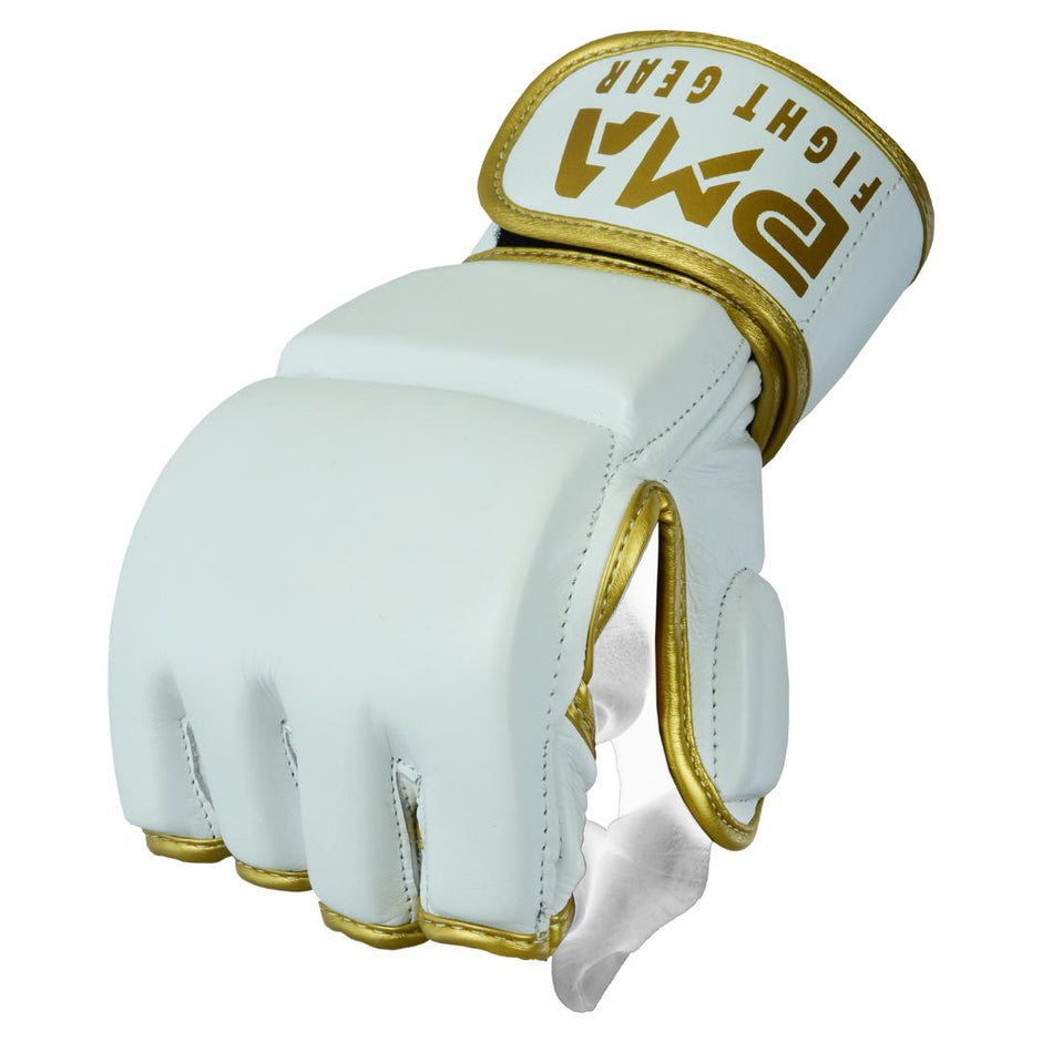 MMA Leather Elite White/Gold Grappling Fight Gloves-4oz