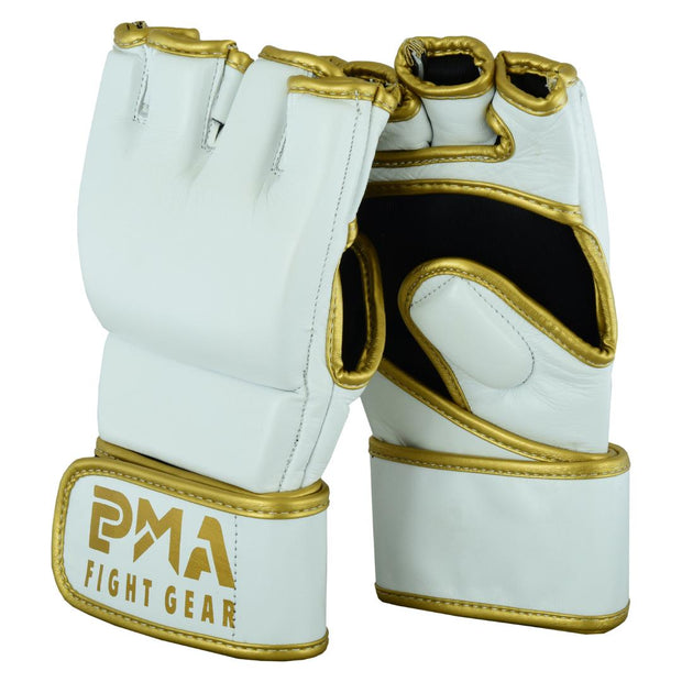 MMA Leather Elite White/Gold Grappling Fight Gloves-4oz